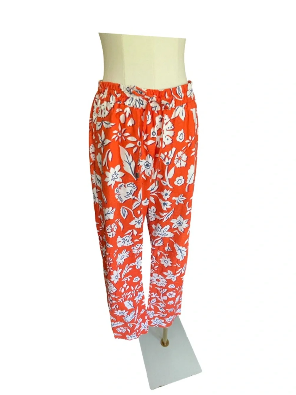 Zara Linen Blend Floral Drawstring Pants Wide Leg Orange White Size Small